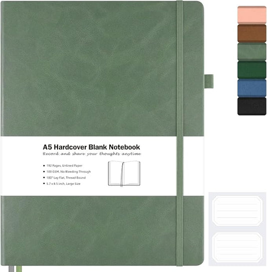 Blank Notebook, Hardcover Sketchbook, Leather Unlined Journal for Women Men | No Bleed Thick Paper Sketch Book for Drawing/Writing/Journaling, Lay Flat, A5 Portable Size for Work, School, and Travel