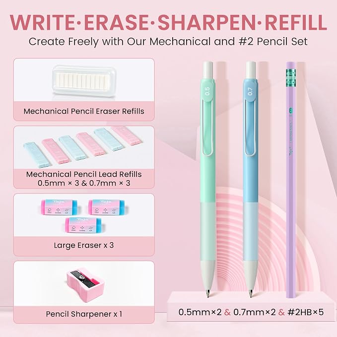 Cute Pencil Case With Supplies, 39 PCS Aesthetic Stationery Set with Pencil Pouch, 6 Black Ink Gel Pens, 12 Pastel Highlighters, 5 #2 HB Pencils, 4 Mechanical Pencils, Back to School Supplies - Pink