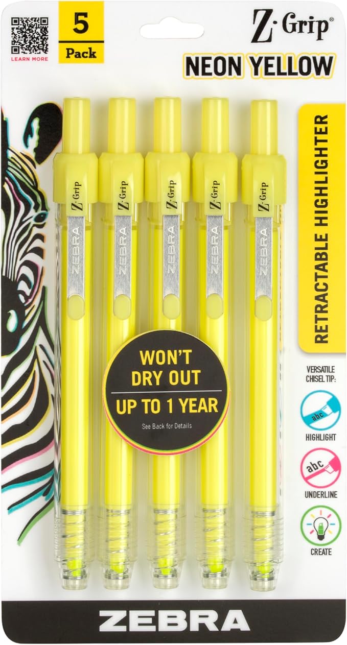 Zebra Pen Z-Grip Retractable Highlighter, Yellow, Chisel Tip, 5-Pack | Metal Clip, Ideal for School, Office and Teacher Supplies, Note-Taking, Studying, and Planners, Transparent Barrel (71255)