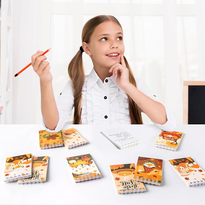 24Packs Fall Mini Notepads Thanksgiving Pumpkin Maple Leaves Spiral Notebooks Pocket Journal Memo Pads for Hello Autumn Seasonal Holiday Party Favors Gift Goodie Bag Stuffers School Classroom Rewards