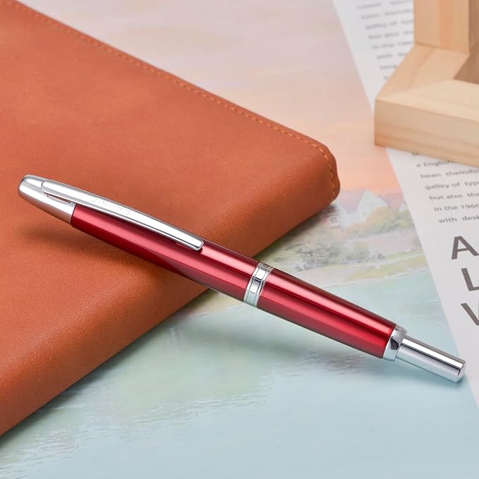 Jinhao 10 Press Fountain Pen with Box, Rose Red Retractable Medium Nib with Ink Converter Set (Silver Clip)