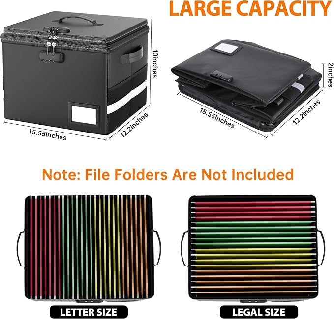 ENGPOW Fireproof Document Box with Locks and Accordion File Folder,Black | File Organizer with Multi-Pocket, Portable Home Office File Cabinet Safe Storage for Hanging Letter/Legal Size Folders