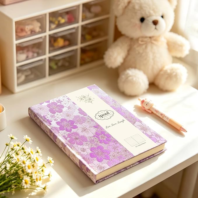 Purple Notebook, Floral Journal, A5, Ruled, Journal for Teen Girls, Writing Notebook, Hardcover, Lay-flat, Pretty Girls Diary, School Supplies, Cherry Blossom Flowers
