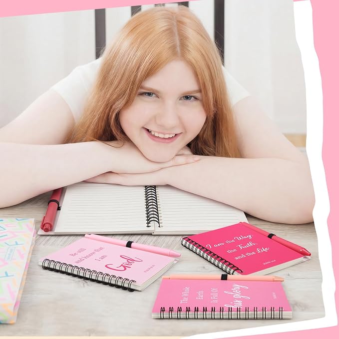 10 sets Pink Christian Gift Bulk Inspirational Prayer Journal Bible Spiral Notebook and Ballpoint Pen Religious Scripture Notepad for Women Teacher Church Gift Pink Party Favor