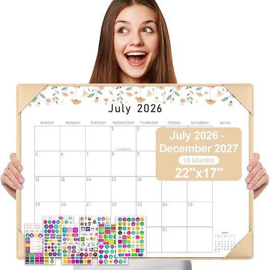 Gannyfer Large Desk Calendar 2026-2027 with Desktop Mat - 18 Month Table Calendar, 22" x 17" Desktop Pad Calendar, Teacher Calendar for Planning and Organizing In Your Family, School or Office - Small Fresh Florals (6 Stickers Included) (Brown)