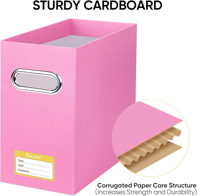 BALEINE File Organizer Box, Cardboard File Folder Organizer with Handle for Letter Size, Portable Collapsible Hanging Filing Box for Home Office Document Storage (8 Pack, Pink)