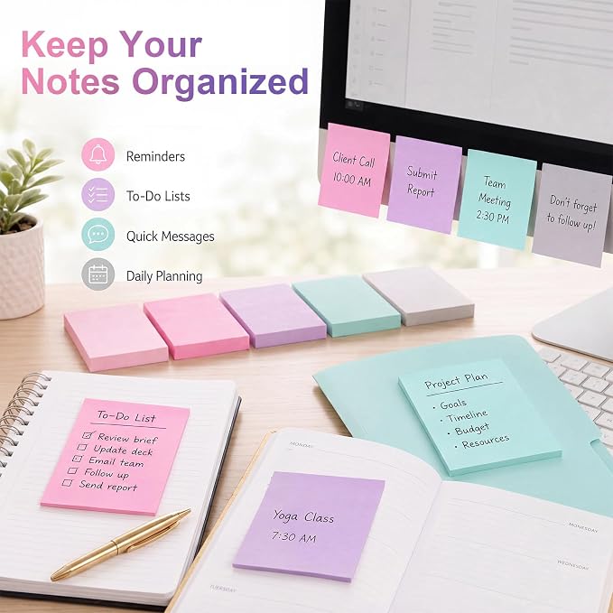 Fainne 120 Pads Sticky Notes Bulk 1.5 x 2 Inch Mini Self Stick Note Small Assorted Bright Colors Paper Memo for Office School Notebook Supplies 50 Sheets/pad (Simple Style,Pastel Mix)