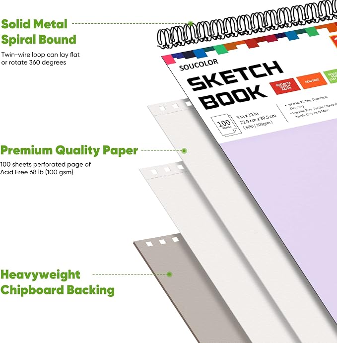 Soucolor 9x12 Sketch Book,100 Sheets Drawing Paper,Sketchbook for Teen Girl | Top Spiral Bound 68lb acid-free paper, Micro-perforated pages,Lay-flat top spiral ,Great for pencils, Pens & All dry media