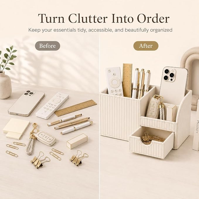 KINGFOM Luxury PU Leather Desk Organizer with Drawer, Modern Aesthetic Office Desk Accessories for Women, Multi-Compartment Pen Holder & Desktop Storage Organizer for Home Office, Cream White