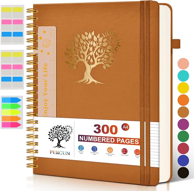 PERCUN Spiral Notebook 300 Numbered Lined Pages Hardcover Journal 8.5"x11" | College Ruled Spiral Bound Notebook with Tabs, A4 Large Leather Journal for Women Men, Work, School, Writing & Note Taking