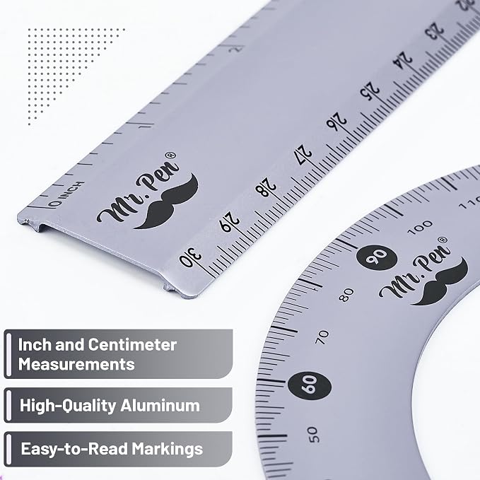 Mr. Pen- Metal Geometry Kit, 4 Pack, 45° & 30°/60° Set Squares | 6" Protractor & 12" Ruler, Durable Metal Drafting Tools for Technical Drawing, Math, Engineering & Architecture