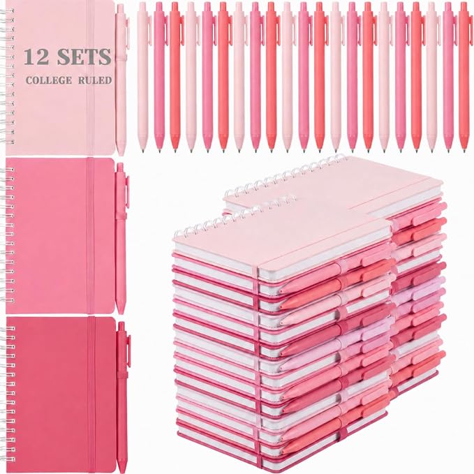 Fulmoon 12 Set Small Spiral Notebooks A6 with Pens Bulk, Multicolor 4" x 6" Pocket Notebooks Mini Lined Journals 50 Sheets for Back to School Supplies Students Gifts Rewards Office (Blush Petals)