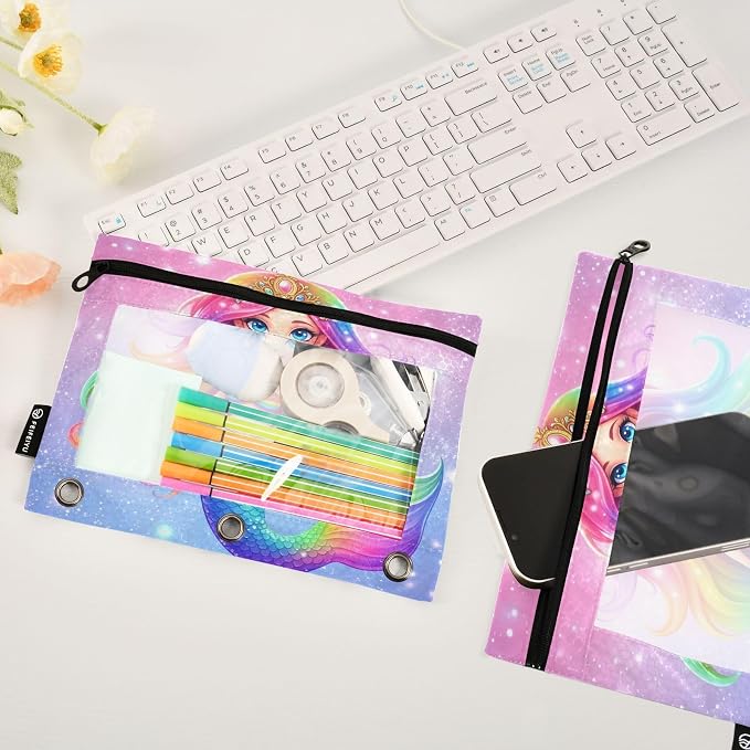 Gredecor 3 Ring Binder Pencil Pouch, Fantasy Mermaid Rainbow (2) Zippered Pen Case Pouches with Clear Window, 2 Pack Stylish Office & School Supplie