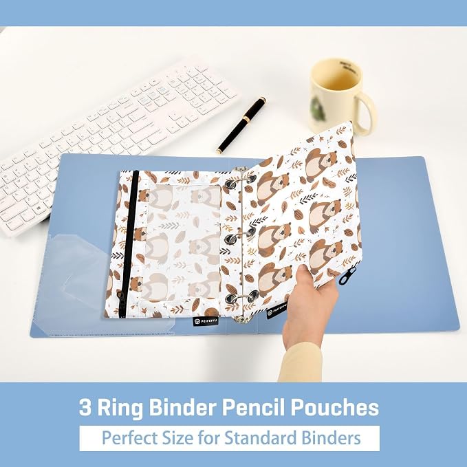 Cute Beaver Forest Animal Pencil Pouch for 3 Ring Binder 2 Pack Zipper Binder Pencil Bag Case with Clear Window Office School Supplies