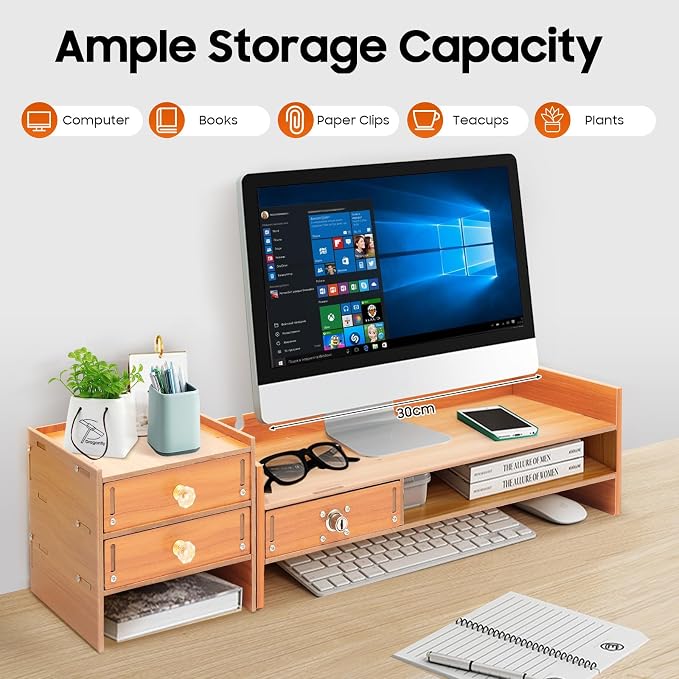Computer Monitor Stand, Wooden Monitor Riser with Lockable Drawer and Storage, Multi Wooden Desktop Storage Stand for Laptop Printer Screen and Office Supplies Organizer, 25.2" x 7.87" x 5.33" (3 Drawer)