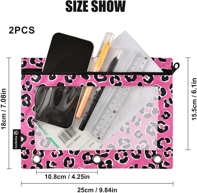 Emelivor Leopard Pink Pencil Pouch for 3 Ring Binder 2 Pack Binder Pencil Pouches Zippered Clear Pencil Case Cosmetic Bag for Storing College Office Supplies
