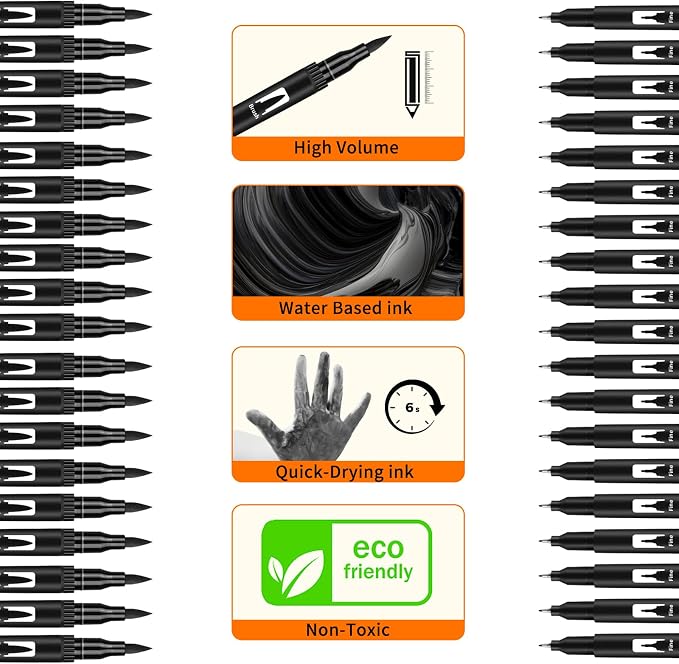 Black Drawing Pens, 12 Pack Felt Tip Markers for Adults and Kids, Dual Tip Brush Fineliners Pens for Art Drawing Sketching