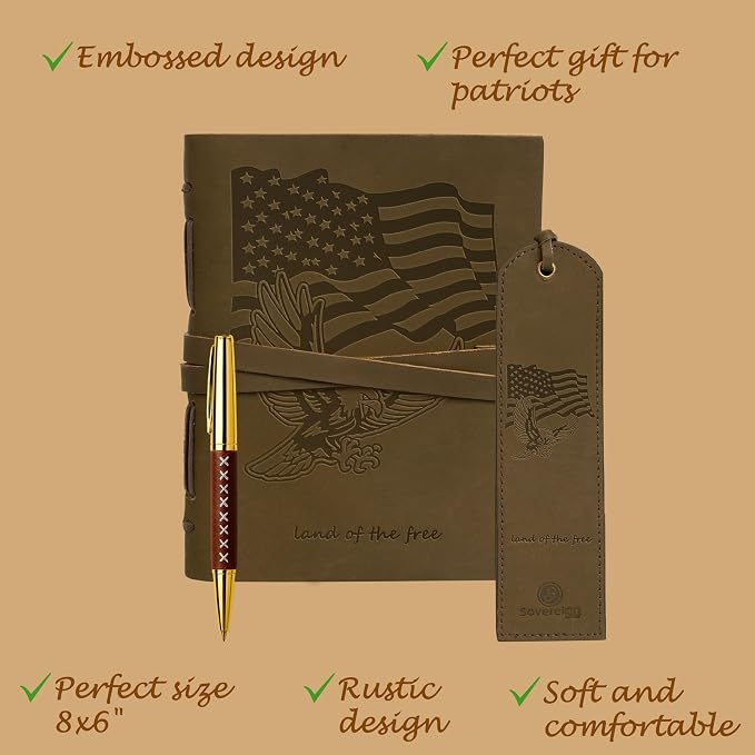Sovereign-Gear - USA Flag Leather Journal Gift Set - Embossed Buffalo Leather Notebook with Pen & Bookmark - Patriotic Writing Journal for Men & Women - Gift for Veterans, Military, First Responders