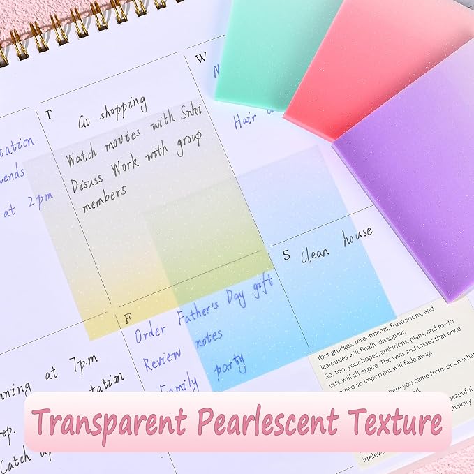 BAYTORY Glitter Transparent Sticky Notes, 250 Sheets 3 x 3 Clear Memo Pads | Gradient Color Waterproof Self-Stick Note, See Through Aesthetic Self-Adhesive Note for Bible Accessories