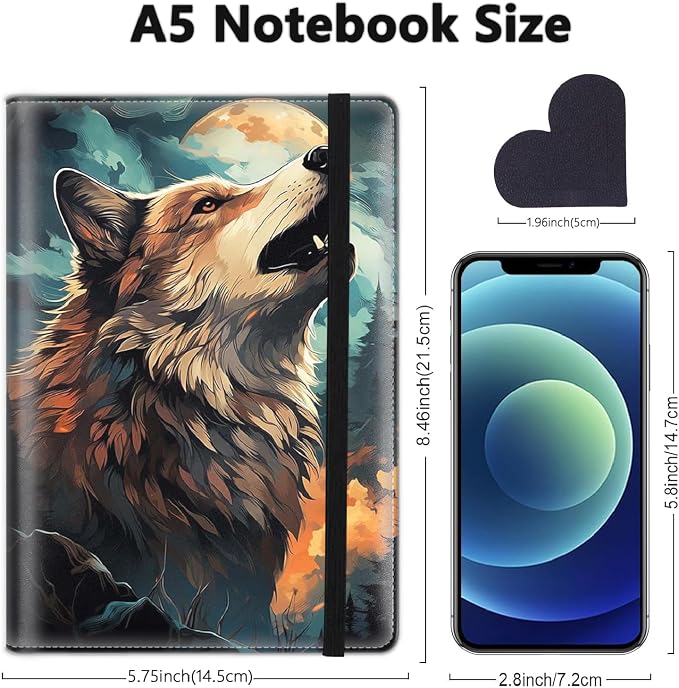 A5 Leather Lined Journal Notebook, 200 Pages Hardcover Executive Notebook for Men Women Office School Note Taking, Thick Writing Paper Daily Journal with Bookmarks/Indexes, Wolf