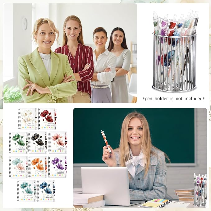 Chuangdi 10 Sets Back to School Teacher Gifts Bulk Inspirational Spiral Notebook with Sticky Note Motivational Pen Appreciation Gifts for Employee Team Staff Coworker (Floral,Watercolor)