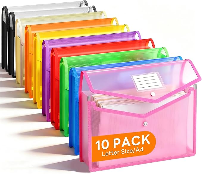 Plastic Expanding File Folder, Transparent Envelopes with Snap Closure | No Dividers, Large Capacity, Assorted Colors, Accordion Folder Organizer for File Folder, Fits Letter / A4 Size, 10 Pack