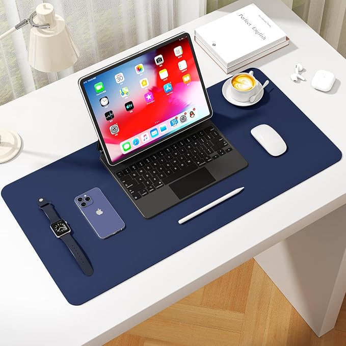Leather Desk Pad Protector, Waterproof Mouse Pad, PU Desk Mat, Office Desk Cover, Desk Writing Mat for Office/Home/Work/Cubicle (Dark Blue) 23.6x13.7 in