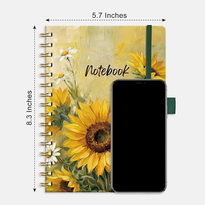 AHGXG Spiral Journal Notebook, 160 Lined Pages, A5 Size (5.7'' x 8.3'') | for Women, Journaling, Writing, Work & Office, Hardcover, 100 GSM Thick Paper (Golden Sunflower)