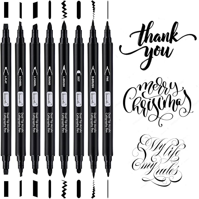 Brusarth Calligraphy Pens, 8 Size Dual Tip Black Acrylic Calligraphy markers for Writing, Brush Pens Calligraphy Set for Beginners, Hand Lettering Pen for Art Drawing, Sketching, Scrapbooking