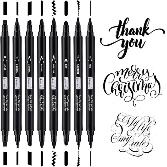 Brusarth Calligraphy Pens, 8 Size Dual Tip Black Acrylic Calligraphy markers for Writing, Brush Pens Calligraphy Set for Beginners, Hand Lettering Pen for Art Drawing, Sketching, Scrapbooking