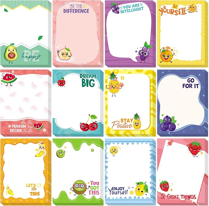 Chiisong 12 Pcs Fun Inspirational Sticky Notes 3 x 4 Inch Motivational Fruit Notepads Cute Post Positive Appreciation Sticky Notes Positive Gifts for Office Nurse Coworkers Supplies