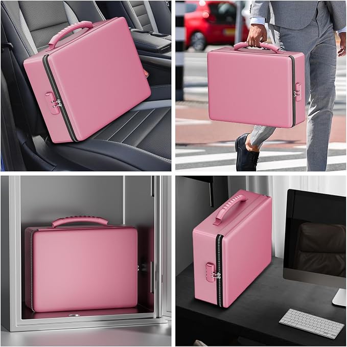 ENGPOW Fireproof Document Box with Lock & Heat-Resistant Fireproof Zipper | 6400°F 12-Layer Fire Protection, Hard File Organizer with Pockets, Portable Home Chest Safe Storage for Money,Jewelry, Pink