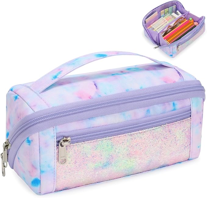 Large Pencil Case for Girls - Aesthetic Pencil Pouch for School | Kids Pencil Case & Wide Handle, Water Resistent Organizer Box, Fits 50 Pens & Markers, Daily Use, Glitter Purple Tie-Die