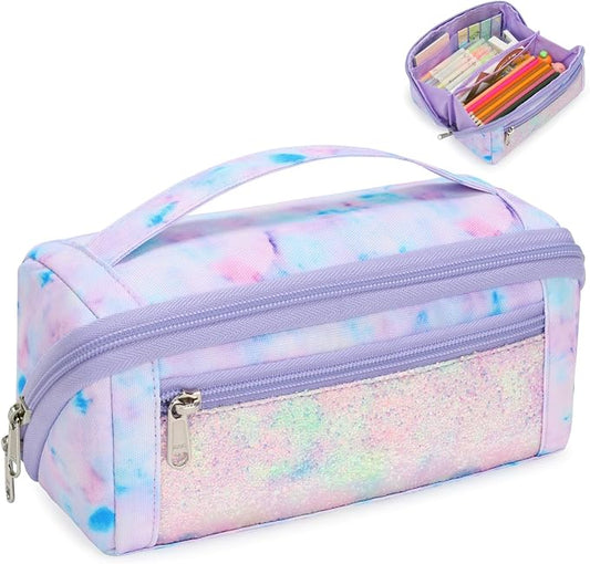 Large Pencil Case for Girls - Aesthetic Pencil Pouch for School | Kids Pencil Case & Wide Handle, Water Resistent Organizer Box, Fits 50 Pens & Markers, Daily Use, Glitter Purple Tie-Die