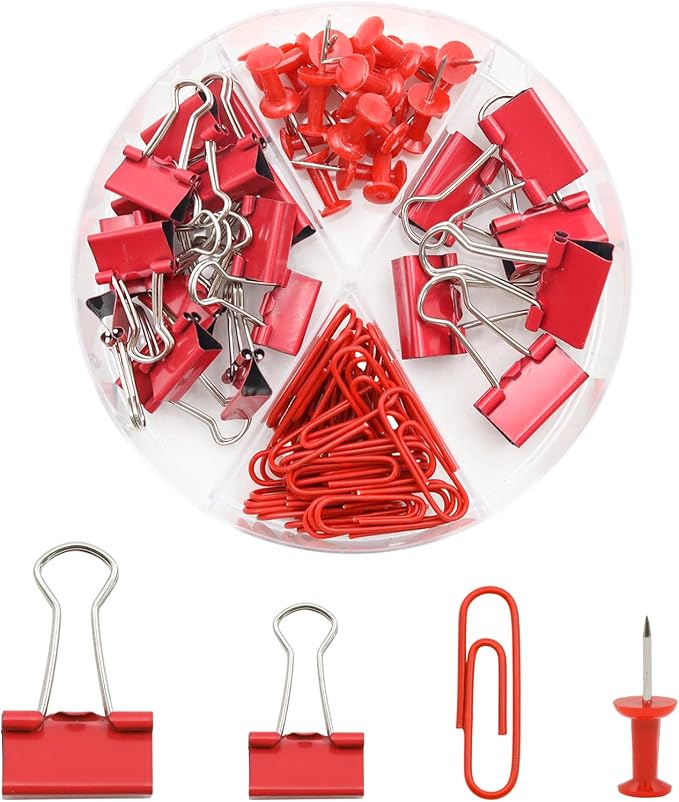Office Supplies Set, Paper Clips, Push Pins and Binder Clips Set with Box for Office, School and Home(Red)