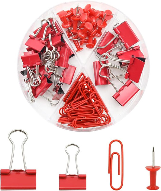 Office Supplies Set, Paper Clips, Push Pins and Binder Clips Set with Box for Office, School and Home(Red)