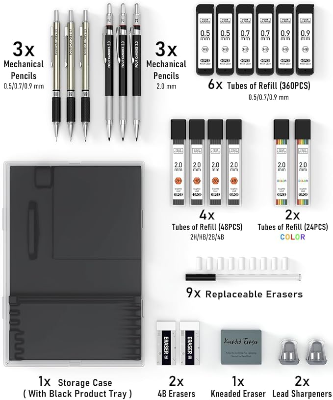 Four Candies 25PCS Mechanical Pencil Set, 0.5, 0.7, 0.9 & 2mm, Storage Case | 432 Lead Refills (HB 2H 2B 4B Color), Kneaded Eraser, Technical Drawing Kit, Sketching, Art Drawing, Drafting