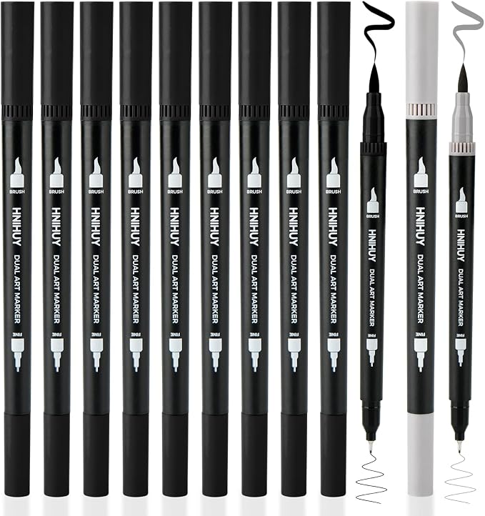 Black Markers for Drawing - Brush Pens for Artists, 12 Pack | Dual Brush Pens Black Fine & Brush Markers for Art Drawing, Sketching, Outlining, Manga, Calligraphy Pens