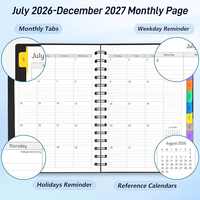 Daily Planner 2026-2027, 18-Month Weekly and Monthly Calendar Planner, July 2026-December 2027, Planning Agenda Book with Laminated Tabs, Flexible Cover, 100GSM Thick Paper, A5 Size,Black
