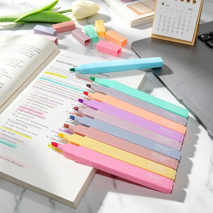 Vitoler 10Pcs Aesthetic Highlighters, Chisel Tip Marker Pens,Assorted Color Candy Highlighters,No Bleed Bible Highlighter,Cute Pastel Highlighter for Journaling Planner Notes School Supplies | Low Bleed on Standard Paper, Quick-Drying, Non-Toxic, for B...