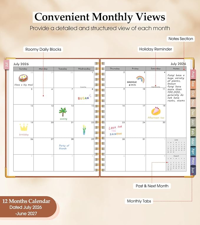 Academic Planner 2026-2027, Hardcover Leather Weekly and Monthly Calendar Planner from July 2026 - June 2027, A4 8.5" x 11" Daily Agenda with Tabs, College School Organizer for Student Teacher, Brown