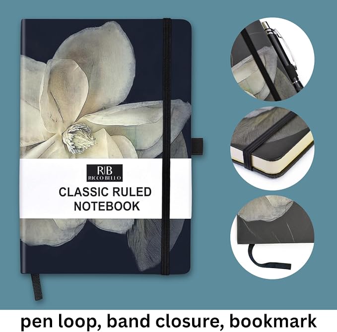 RICCO BELLO Lined Journal Notebook, Magnolia Flower, 5.7 x 8.4-Inches | Hardcover, College Ruled, 96 Sheets / 192 Pages, Pen Holder, For Work & Notes