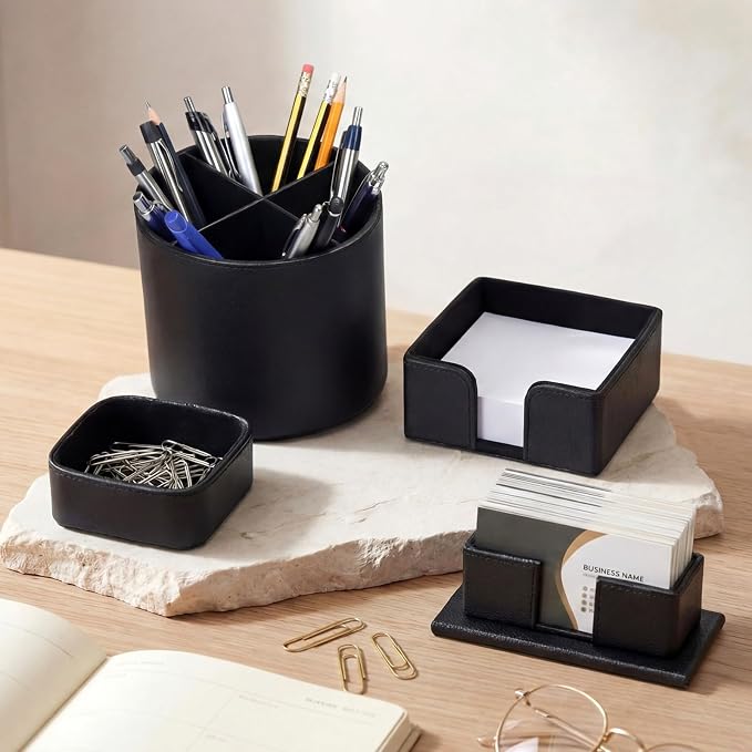 4 Pcs Rotating Leather Pen Holder for Desk Organizer Office Supplies Business Card Sticky Note Holder Paperclip Storage Desk Accessories Set for Teacher Back to School Gift(Black)