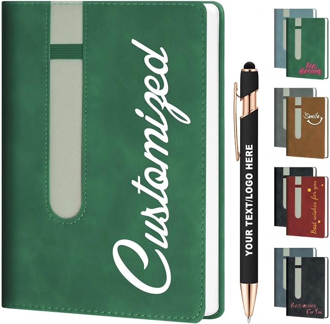ENOMY Personalized A5 Notebook Set 240 Lined Pages Custom Notebook with 10 PC Pens PU Leather Journal Cover to Business Gift College Birthday Corporate Men & Women, Green