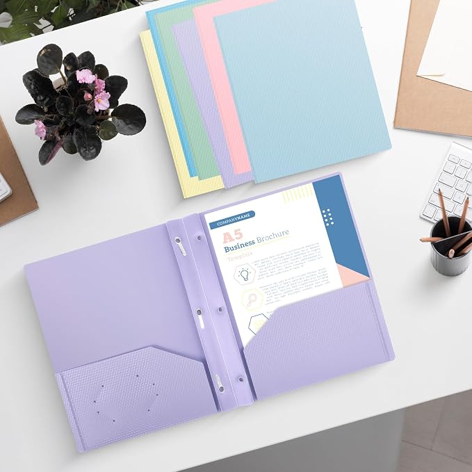 6-Pack Plastic andPockets and Prongs,2-Pocket and3 Fasteners, Pastel Folders Holds 8-1/2" x 11" Paper for School/Office/Home, Purple