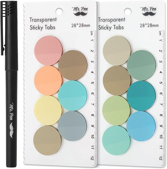 Mr. Pen- Round Transparent Sticky Notes, 1.1” Diameter, 14 Pads, 560 Sheets | Colorful, Water-Resistant See-Through Sticky Notes & Fineliner, Smooth Writing, Note Tabs for Bible Journaling, Studying