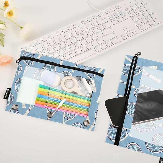 ALAZA Tennis Racket Blue Pencil Pouch for 3 Ring Binder 2 Pack Zipper Binder Pencil Bag Case with Clear Window Office Supplies