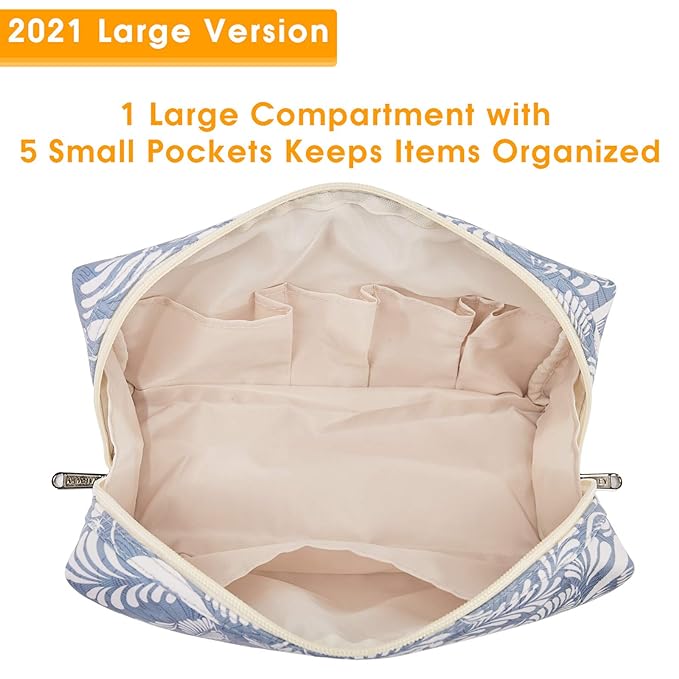 Narwey Cute Makeup Bag Travel Cosmetic Bag Organizer Toiletry Bag Make Up Bags with Compartments for Women Girls (Large, Blue Leaf)