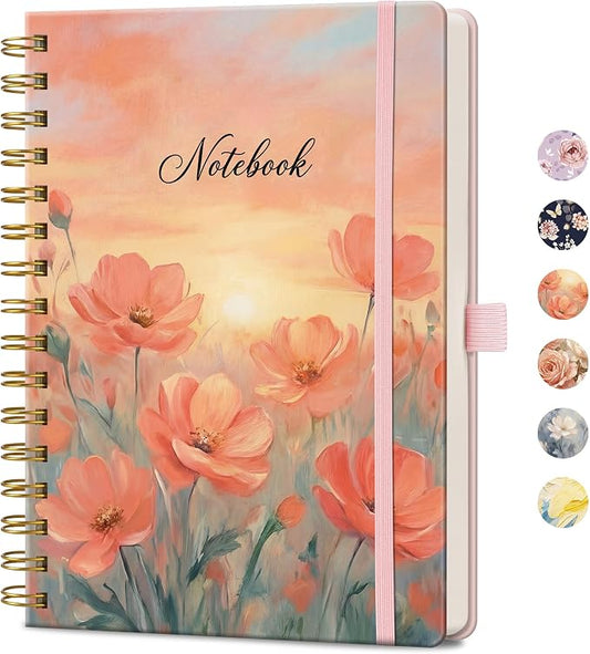 AHGXG Spiral Journal Notebook, 160 Lined Pages, A5 Size (5.7'' x 8.3'') | for Women, Journaling, Writing, Work & Office, Hardcover, 100 GSM Thick Paper (Peach Poppy Sunset)