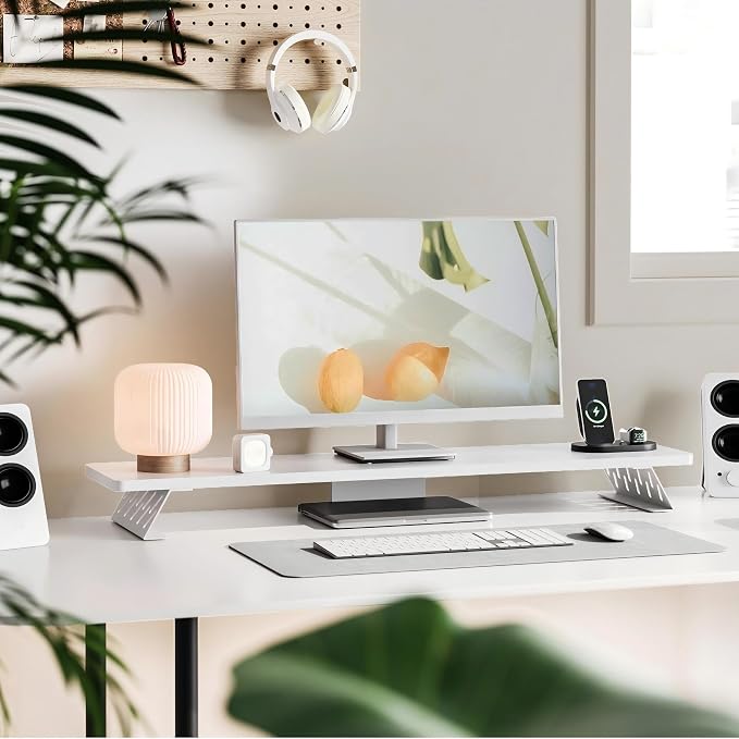Fenge Monitor Stand Riser, Wooden & Metal Desk Shelf Organizer, White | 42.5 Inch Dual Monitor Riser for 2 Monitors, Multifunctional Monitor Shelf for Laptop, PC, Printer